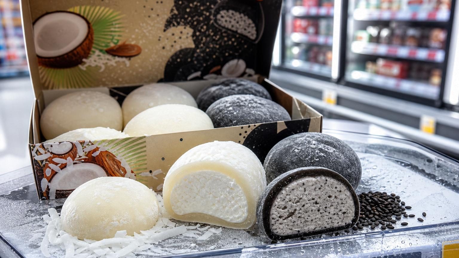 Boîte colorée de six mochis glacés entrouverte exposant des pâtes de riz rondes remplies de crème glacée, parfums assortis