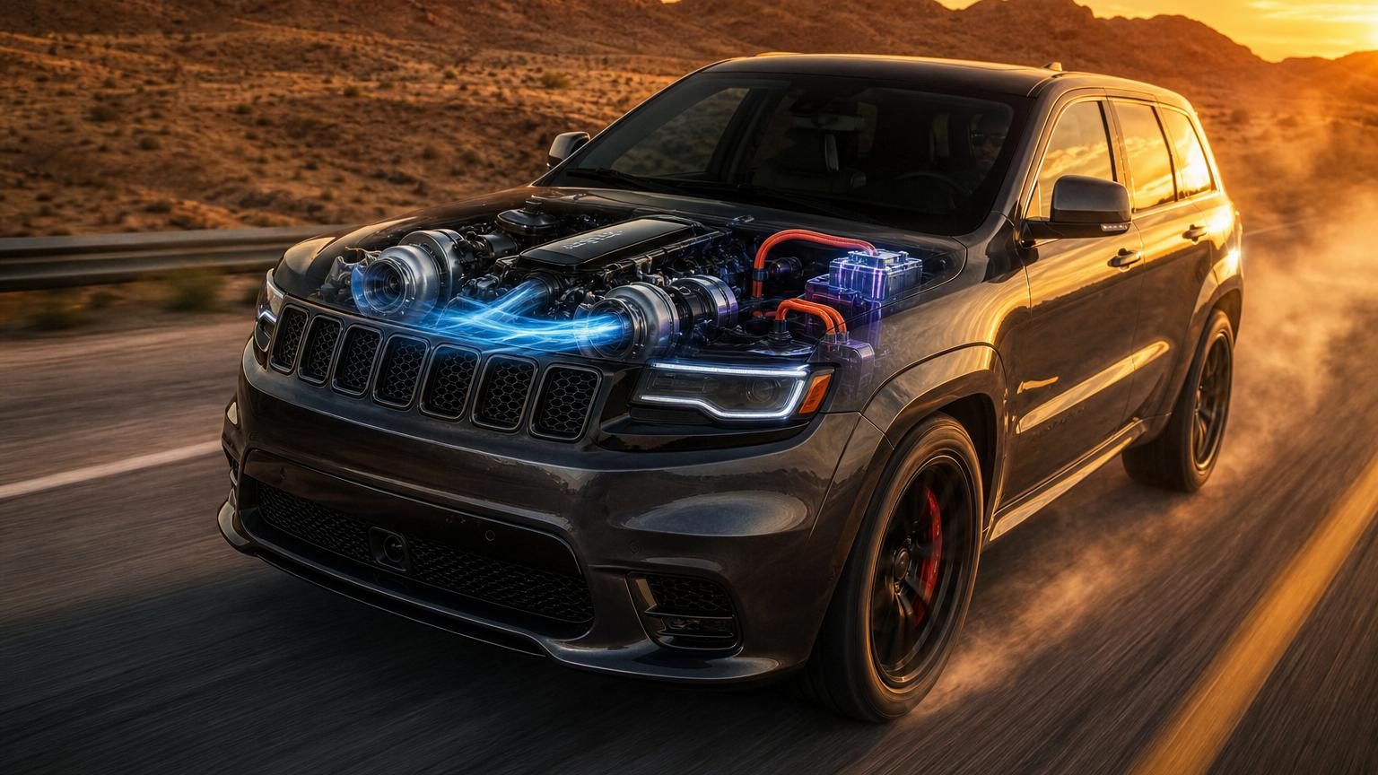 Moteur Hurricane six-cylindres turbocompressé avec intégration du compresseur électrique eBoost Air dans le circuit d'admission d'un Jeep Grand Cherokee expérimental.