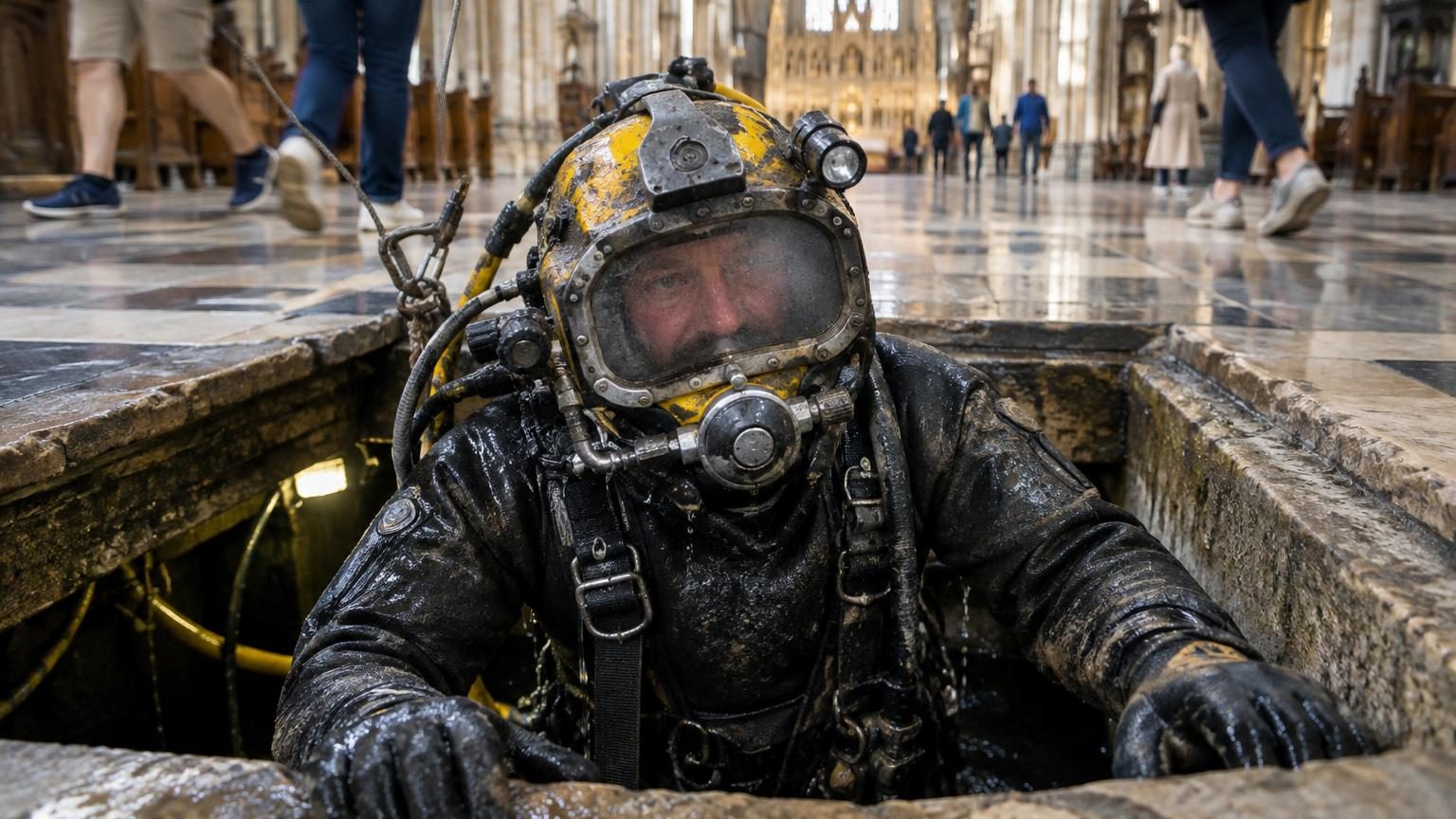 Six heures par jour dans le noir pendant six ans : ce plongeur a réalisé sous la cathédrale de Winchester un travail aussi dangereux qu&rsquo;invisible