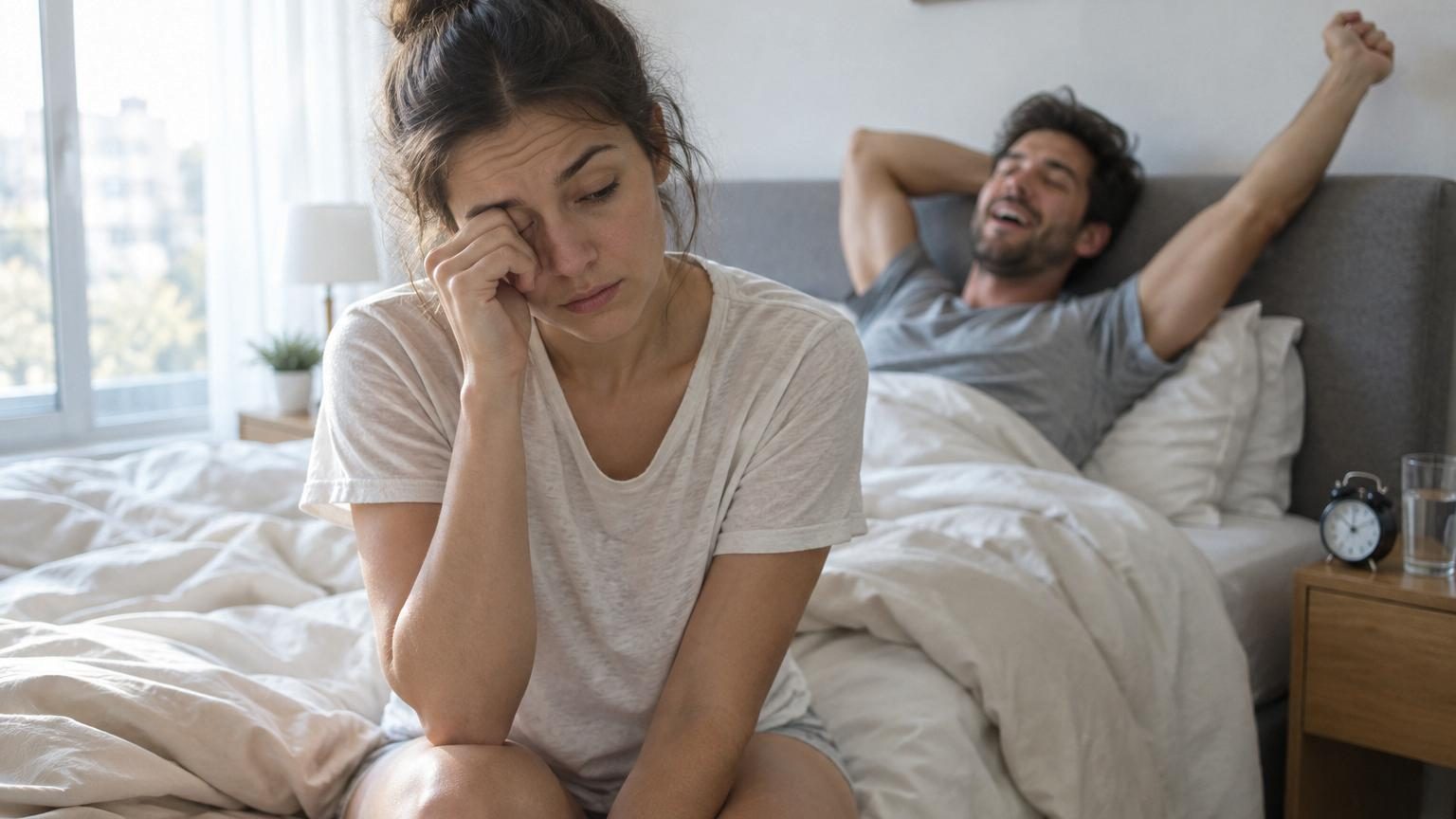Femme et homme allongés dans un lit, le matin, avec des graphiques d'ondes cérébrales et de cycles de sommeil en arrière-plan illustrant les différences de qualité de sommeil