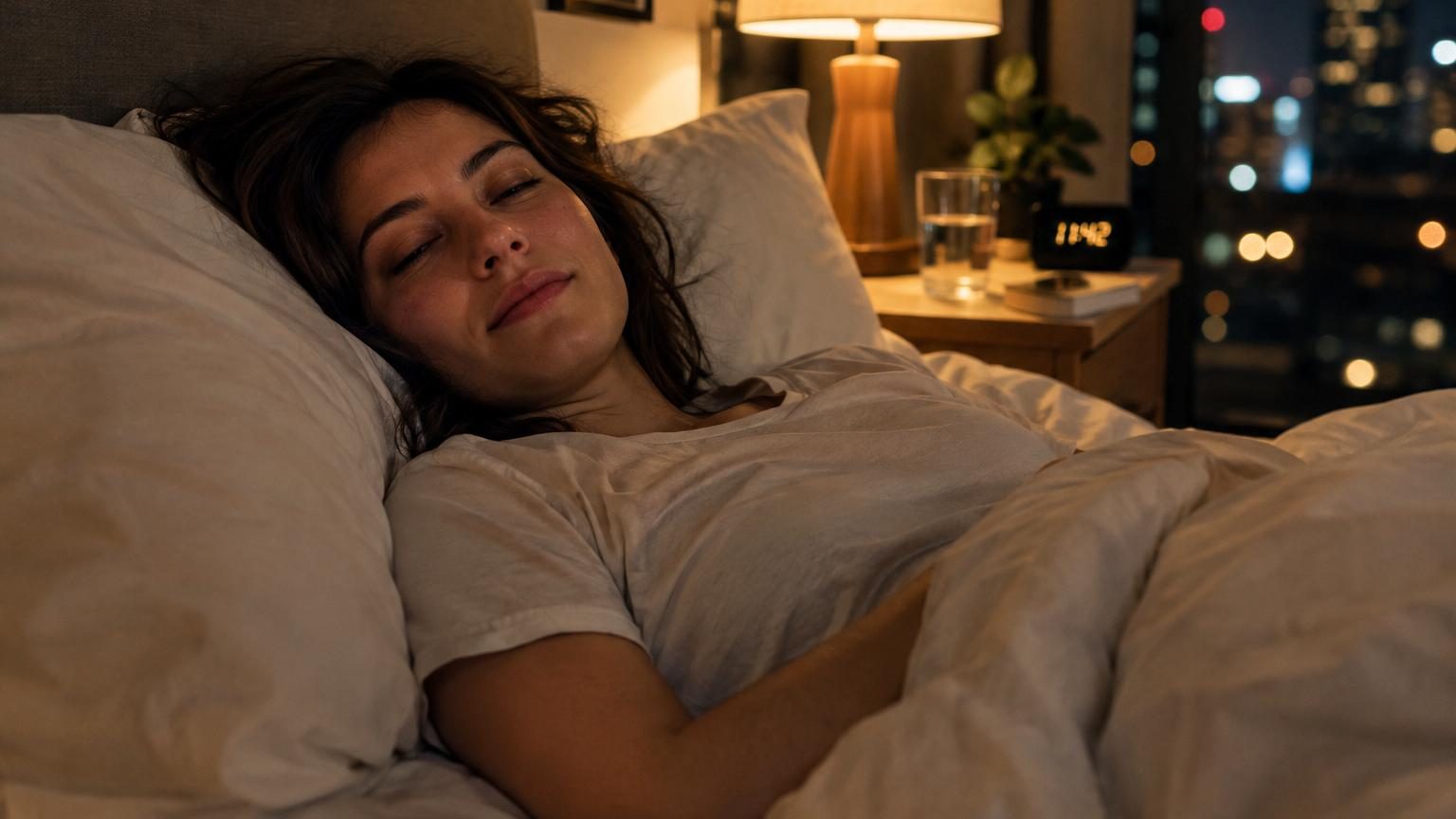 Personne allongée paisiblement dans un lit, dans une chambre éclairée doucement, semblant détendre son esprit avant de s'endormir.