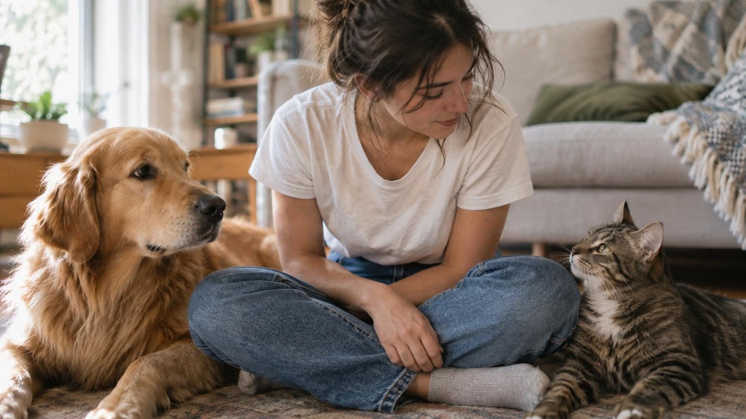 Illustration comparant un chat, un chien et un humain face à un arbre phylogénétique montrant leur parenté génétique et leur distance évolutive.