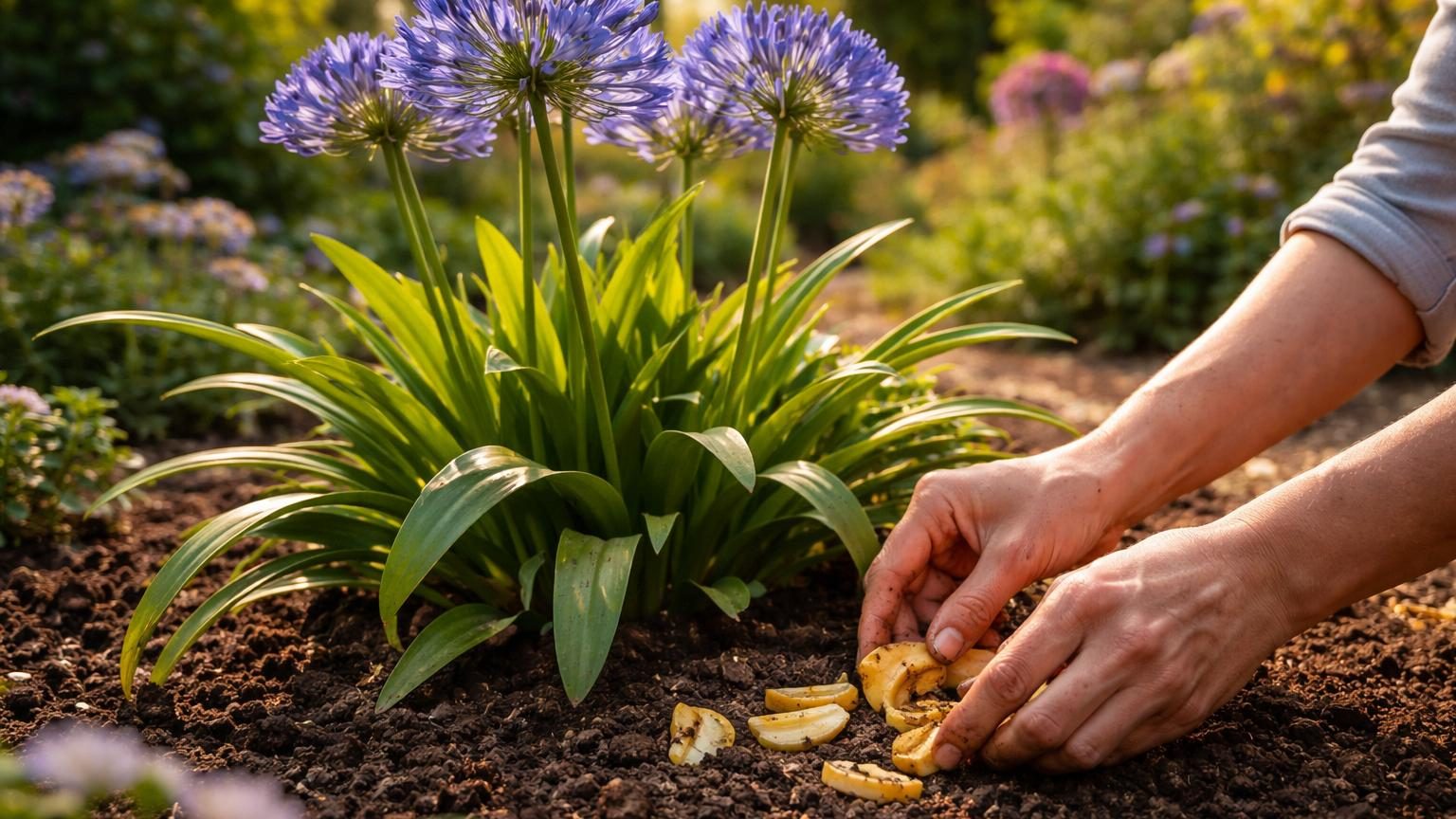 Agapanthe aux fleurs bleues en forme de boules florales dans un jardin, symbolisant la floraison retrouvée grâce aux nutriments apportés par la peau de banane.