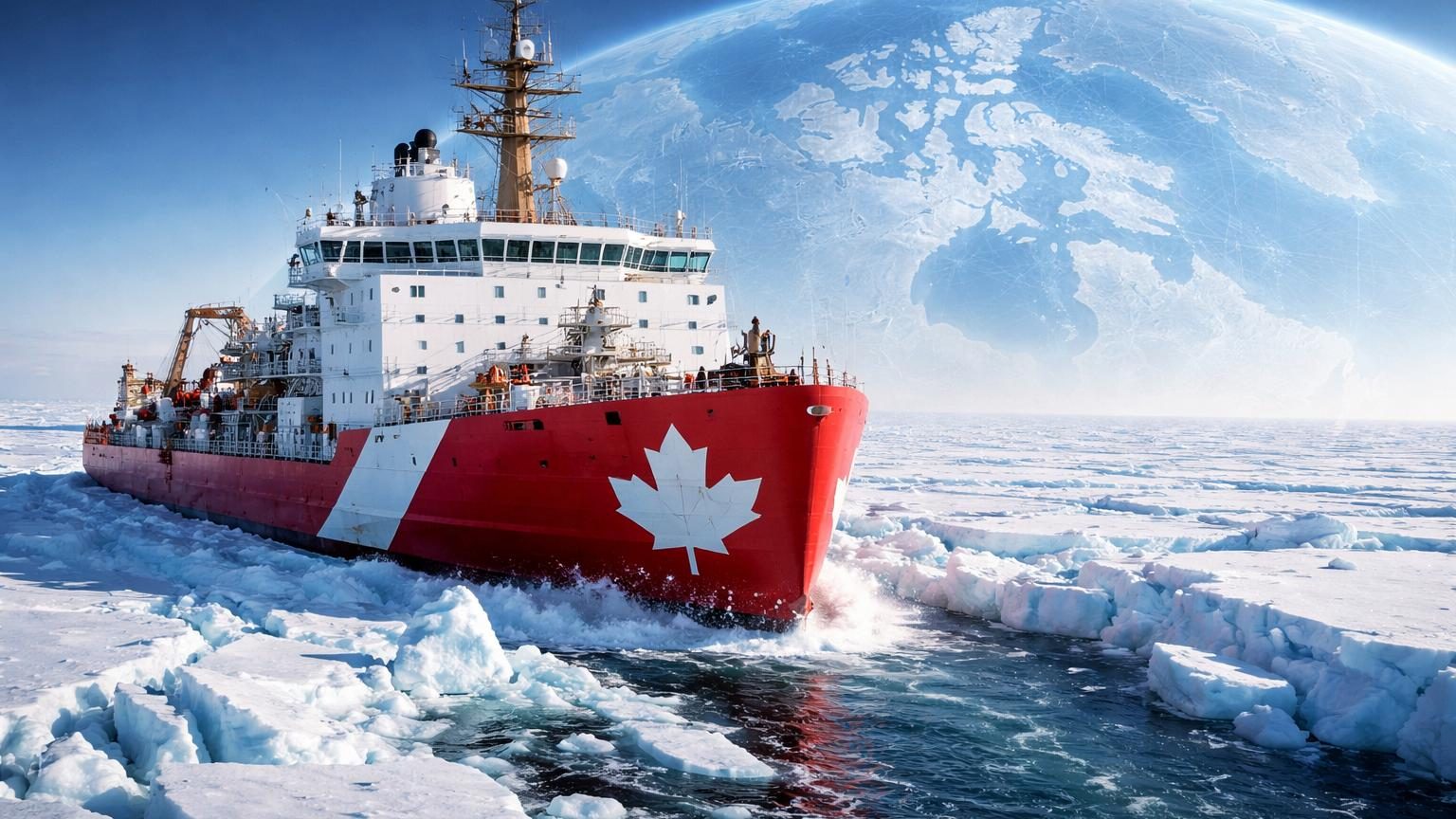 Brise-glace canadien naviguant parmi les glaçons et glaces flottantes du pôle Nord, symbolisant la présence stratégique du Canada en Arctique.