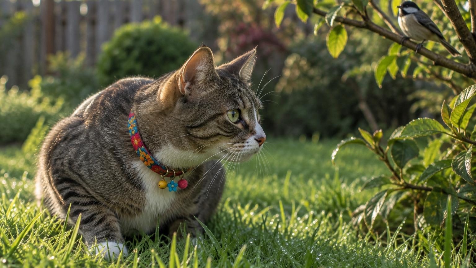 Chat gris avec un large collier fluor coloré autour du cou, s'apprêtant à sortir en jardin par une porte vitrée