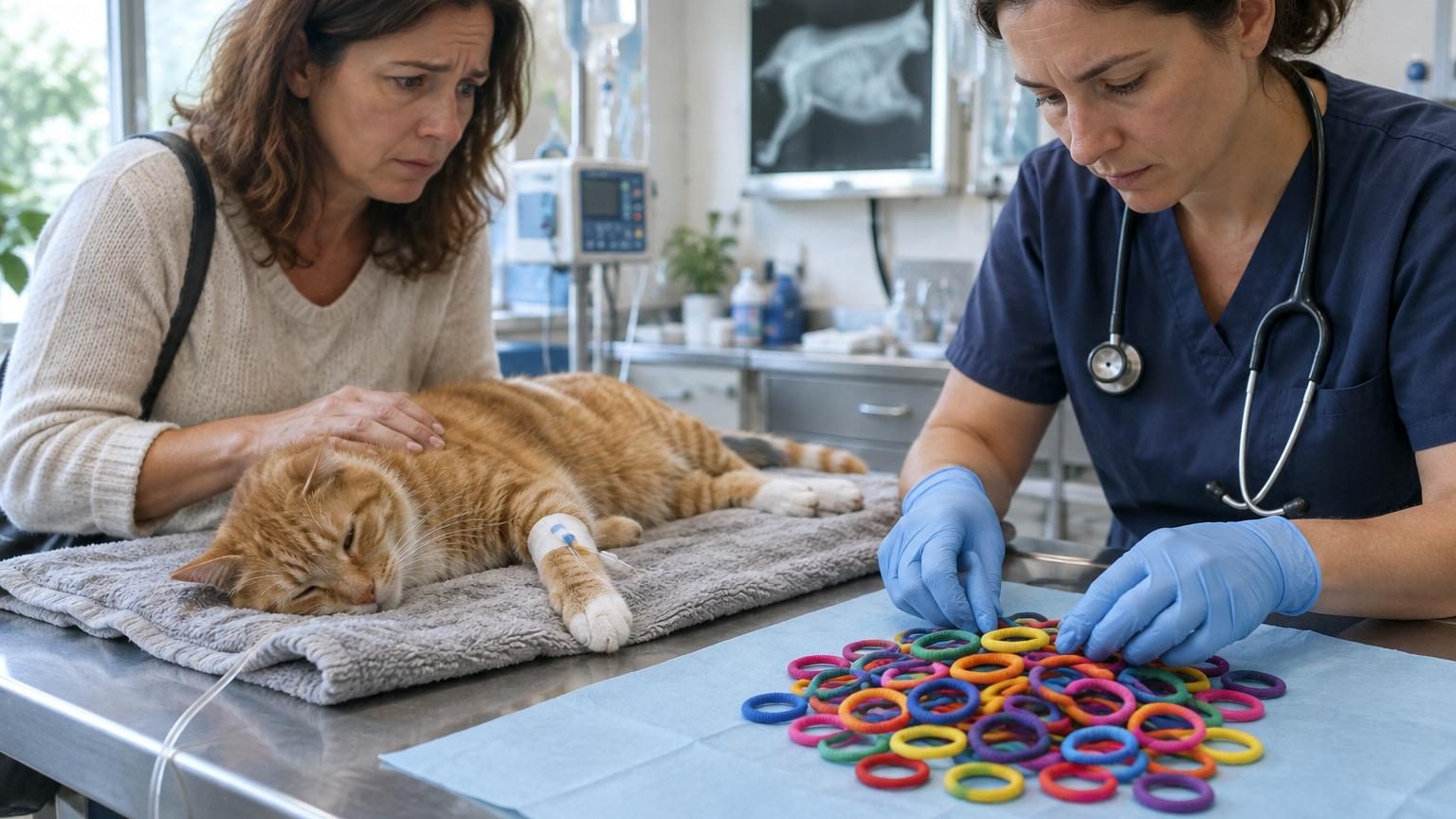 Chat roux couché sur un lit blanc après une intervention chirurgicale, avec une incision visible sur l'abdomen, symbole de l'extraction des 35 élastiques à cheveux