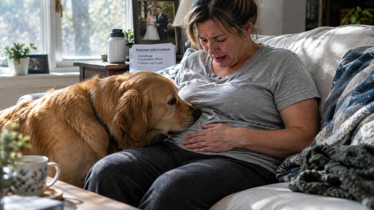 Un Labrador croisé de couleur claire renifle la poitrine d'une femme allongée, symbolisant la détection olfactive précoce d'une tumeur cancéreuse par l'animal