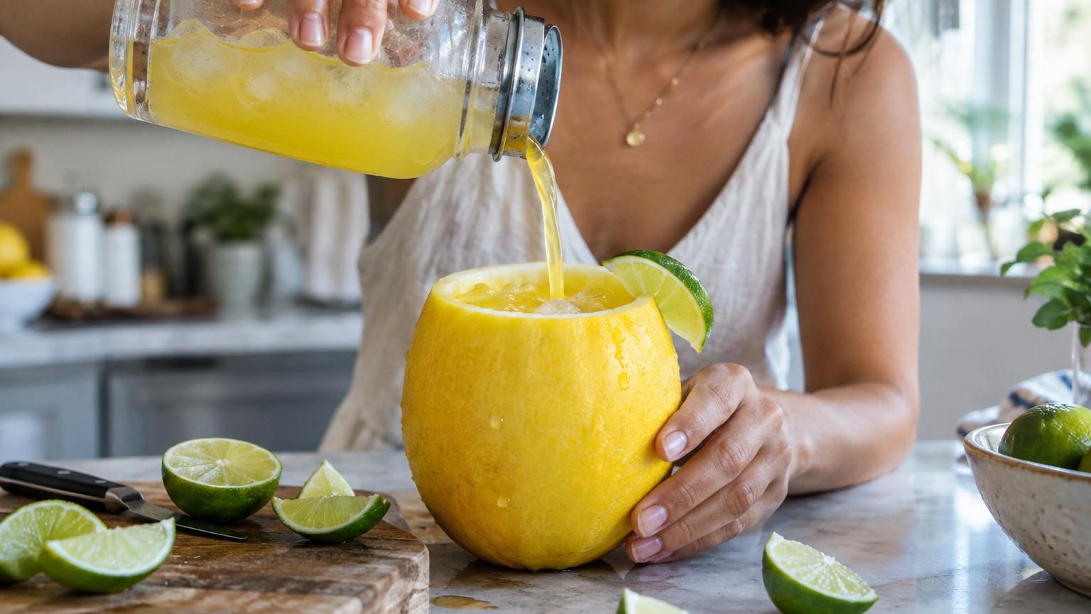 Verre rempli d'un cocktail fruité de couleur dorée garni de menthe fraîche et d'une tranche d'ananas, avec des glaçons visibles à travers le verre.