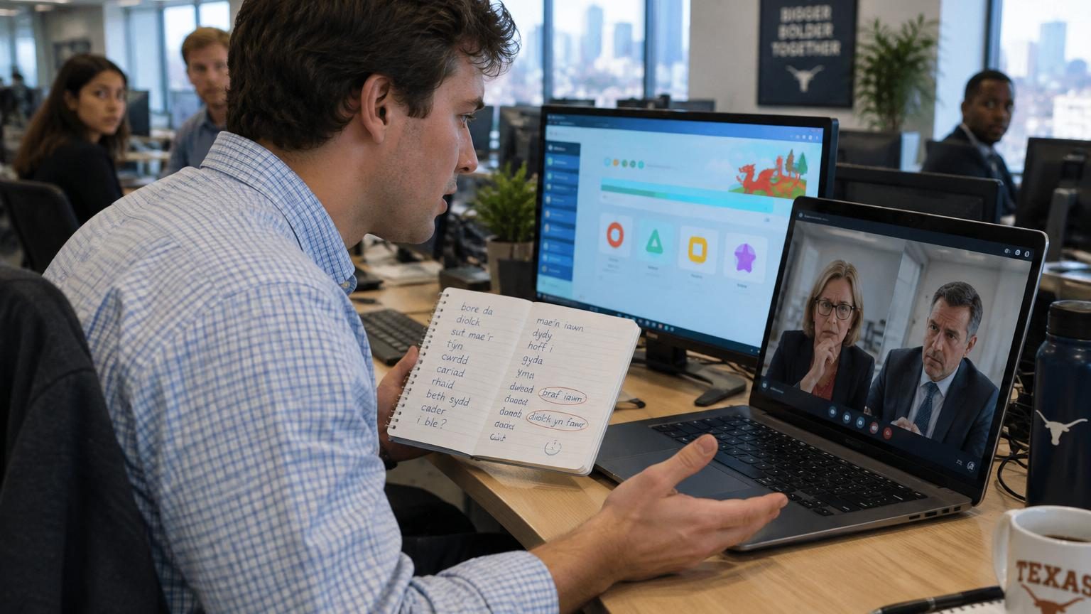Un salarié souriant devant son ordinateur avec un certificat de langue galloise et des symboles de prime salariale, illustrant son succès face à une règle interne mal rédigée.