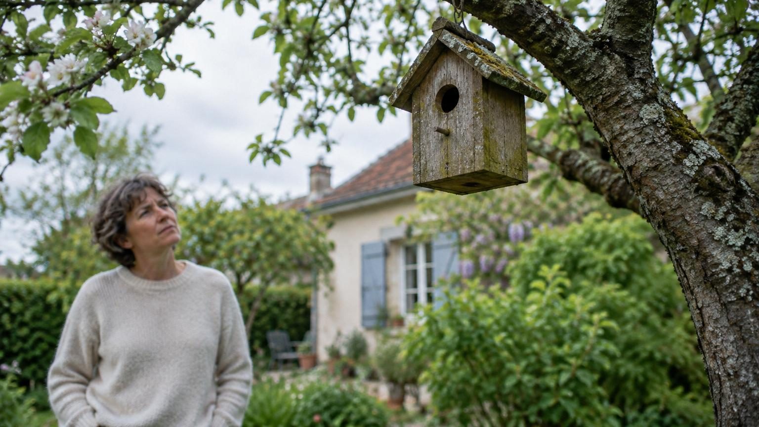 Nichoir en bois accrochéà un tronc d'arbre en forêt, avec une mésange bleue et une mésange charbonnière à proximité, symbolisant l'attraction des oiseaux.