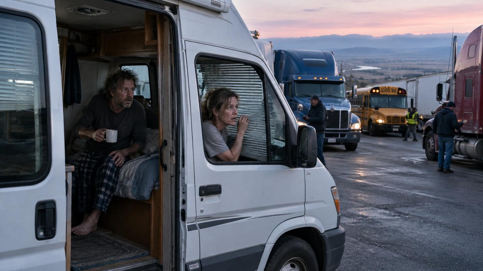 Un camping-car garé sur une aire panoramique déserte la nuit, avec vue sur une vallée illuminée par les phares de voitures au loin, avant l'arrivée des camions le matin.