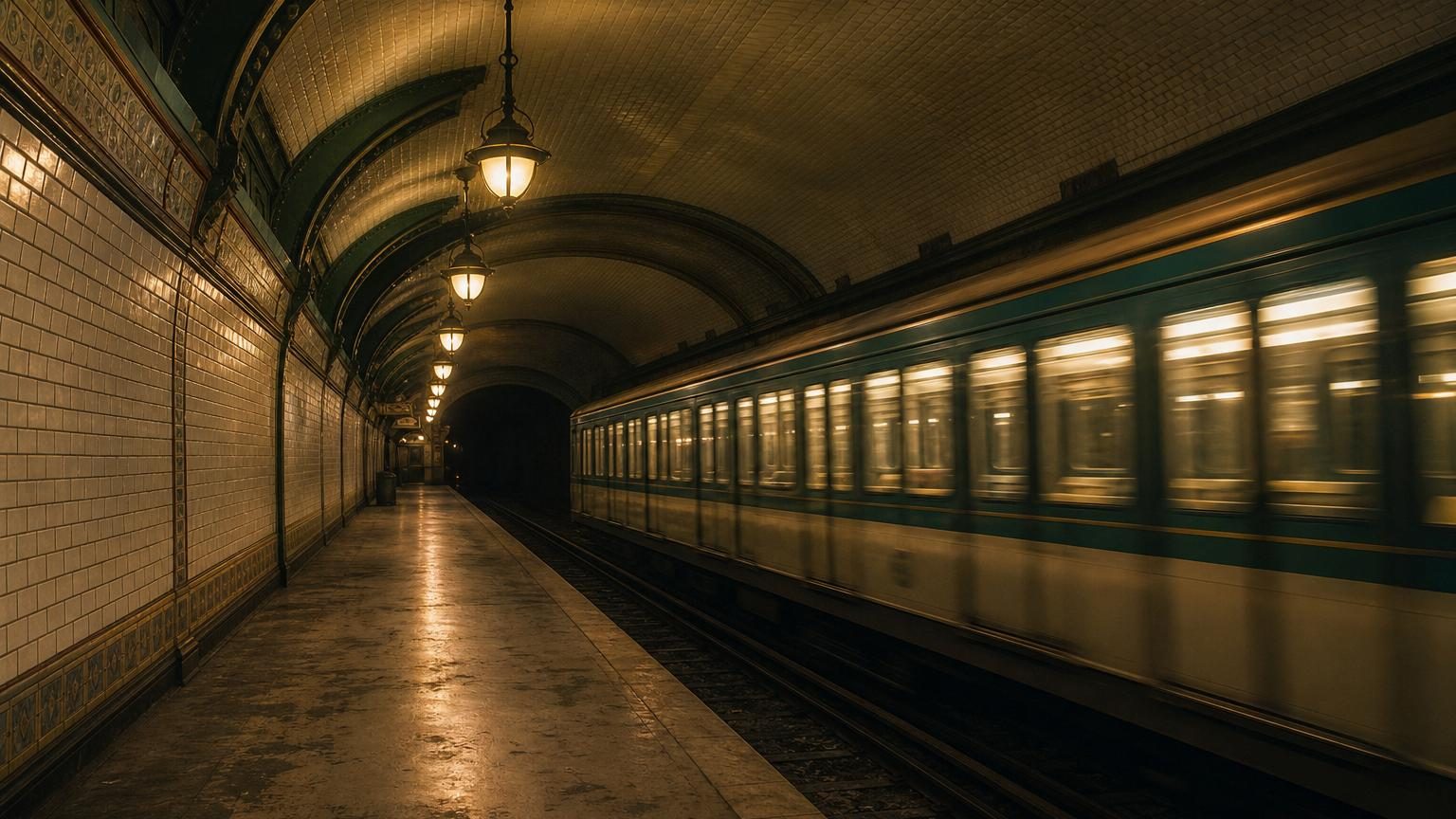 Quai souterrain vide de la station Haxo du métro parisien, avec ses carreaux beiges d'époque, sa signalétique murale et son éclairage d'archive, aucun voyageur ni escalier d'accès visible.