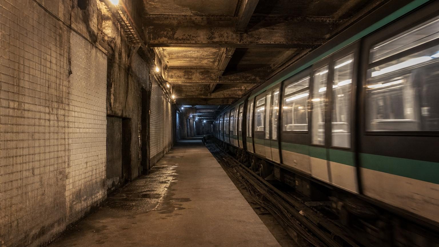 Quai souterrain désert de la station Haxo, avec ses murs de béton, son infrastructure ferroviaire visible et son atmosphère froide et isolée caractéristique d'une station métro jamais ouverte au public