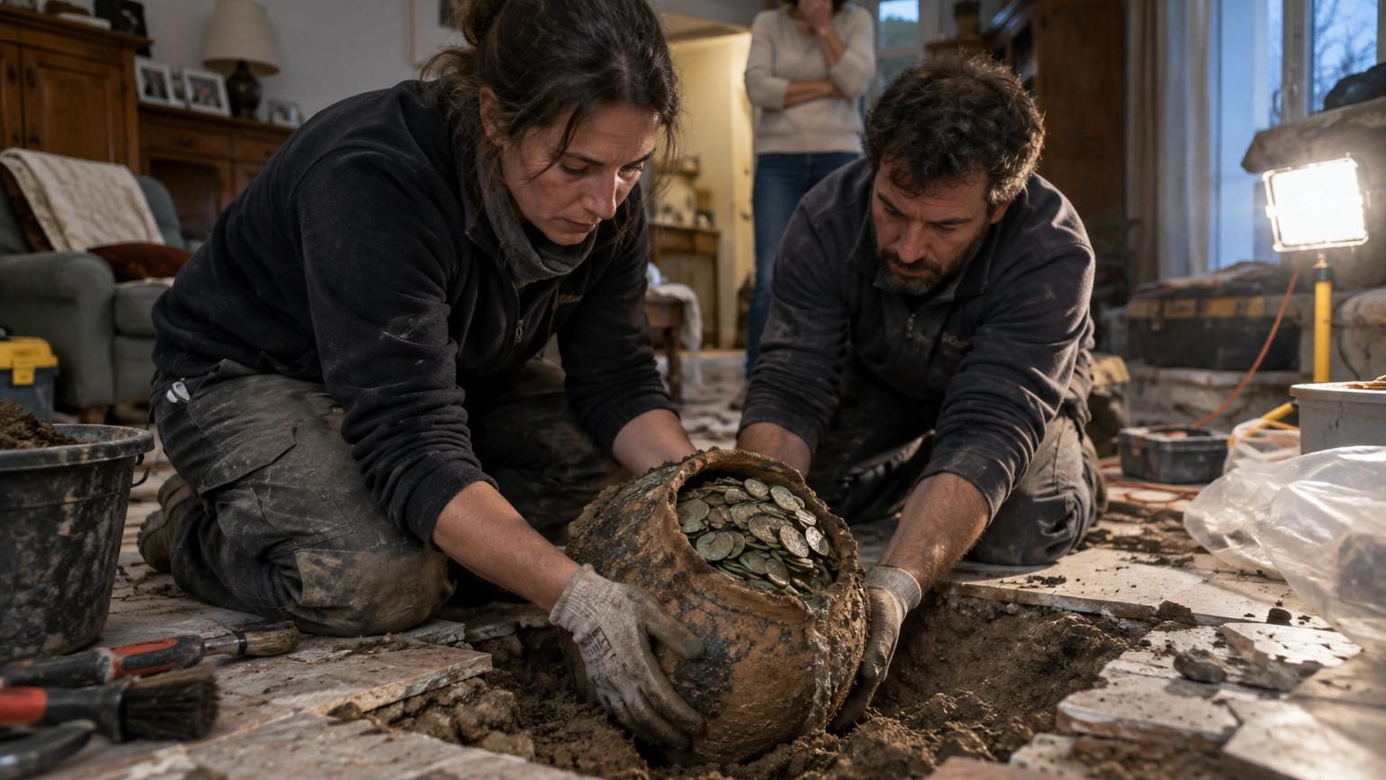 Archéologues penchés sur un bocal de céramique rempli de pièces romaines brillantes, excavé sous un salon ordinaire, avec carrelage et murs peints à proximité