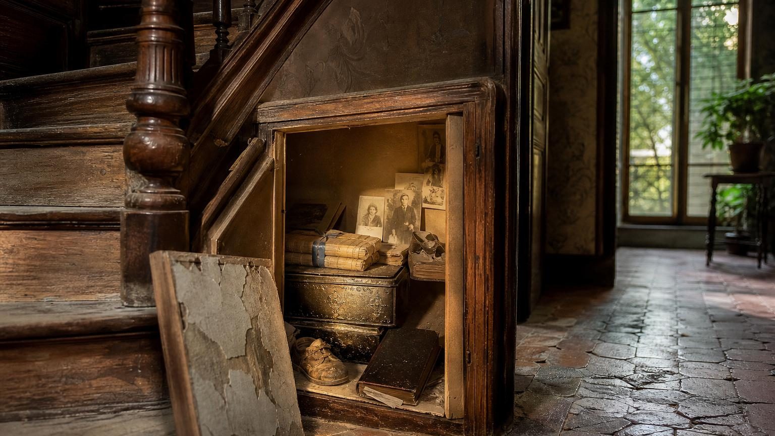 Un placard étroit sous un vieil escalier en bois, partiellement ouvert, révélant une boîte en fer et des papiers anciens jaunis entreposés dans l'obscurité depuis plus d'un siècle.