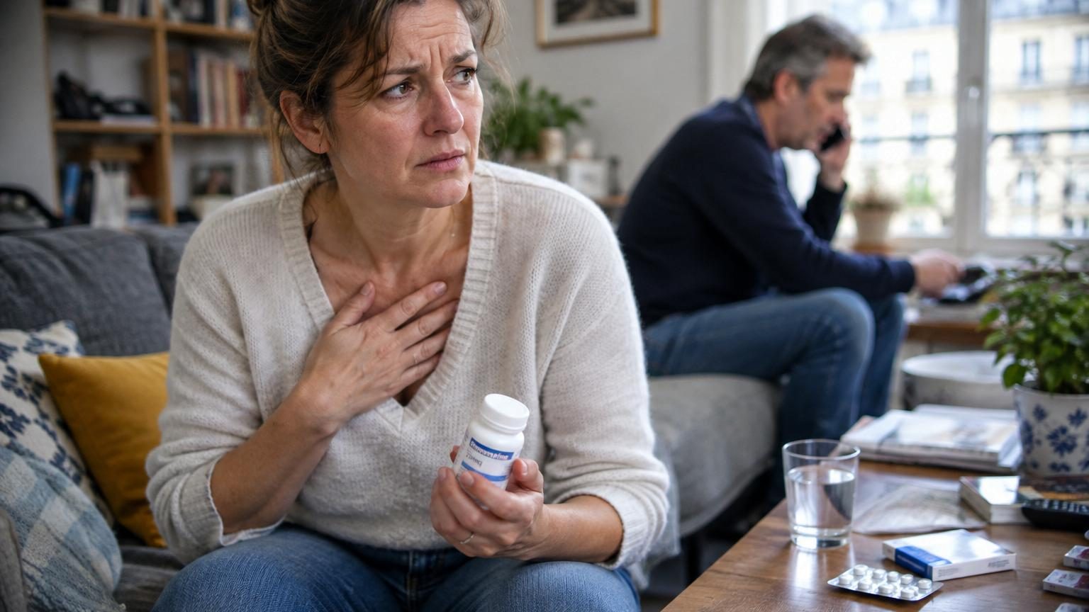 Illustration médicale montrant un patient en consultation avec un médecin, avec des symboles de cholestérol et d'enzymes musculaires en arrière-plan pour représenter la surveillance des statines.