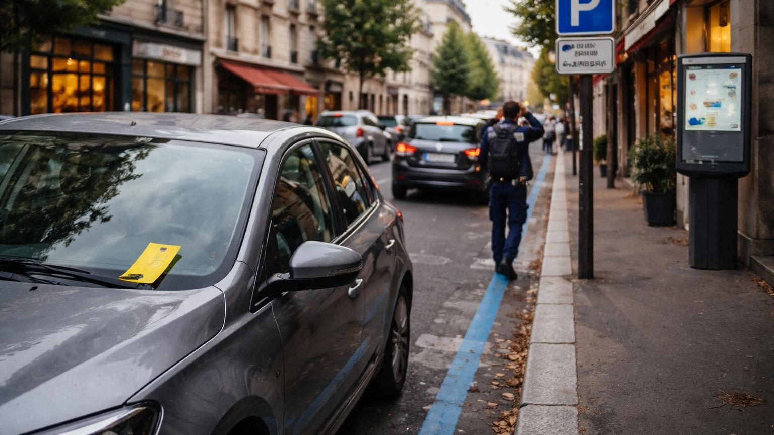 Une rue urbaine avec des places de stationnement, un panneau bleu de zone réglementée visible en arrière-plan, et des voitures garées le long du trottoir.