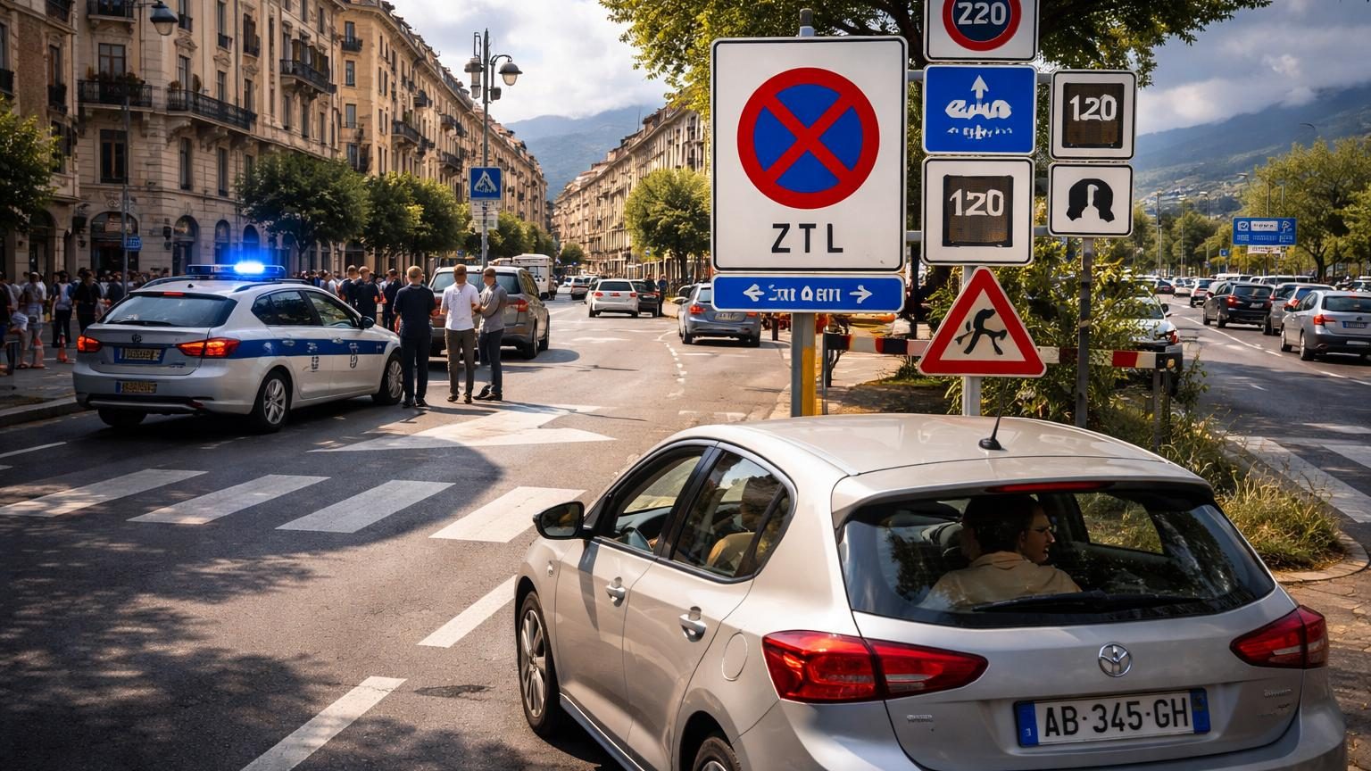 Route européenne avec panneaux de signalisation variés représentant différentes règles de circulation, voitures garées selon les normes locales, et symboles d'amendes ou d'infractions