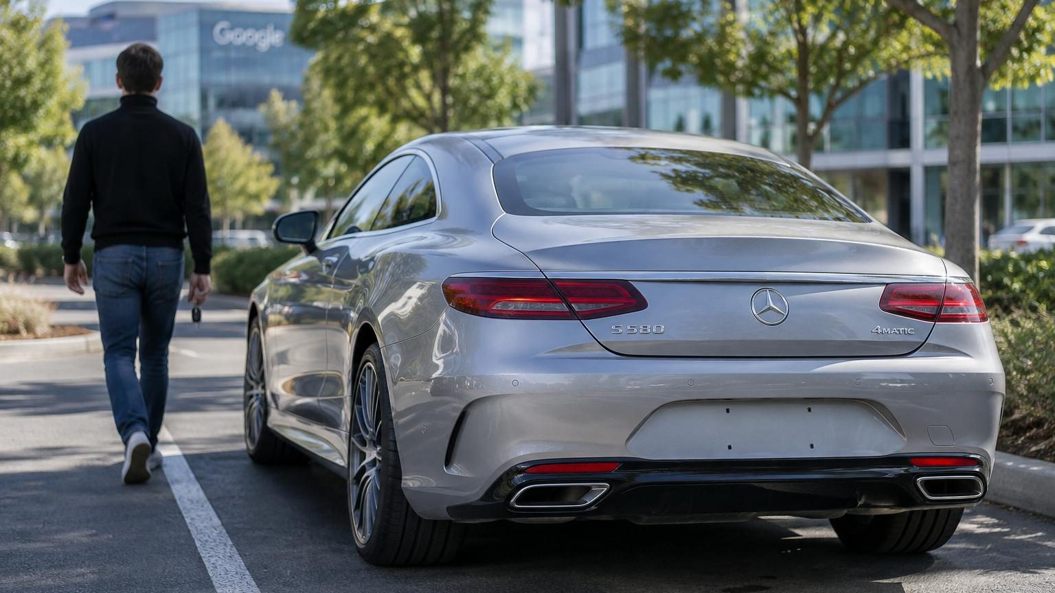 Vue de face d'une Mercedes SL 55 AMG couleur argent brillant, photographiée de nuit, sans plaque d'immatriculation visible à l'avant, avec le logo d'Apple subtil en incrustation