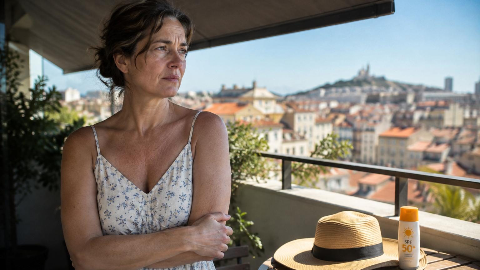 Femme exposée aux rayons du soleil en extérieur, avec un ciel bleu dégagé en arrière-plan