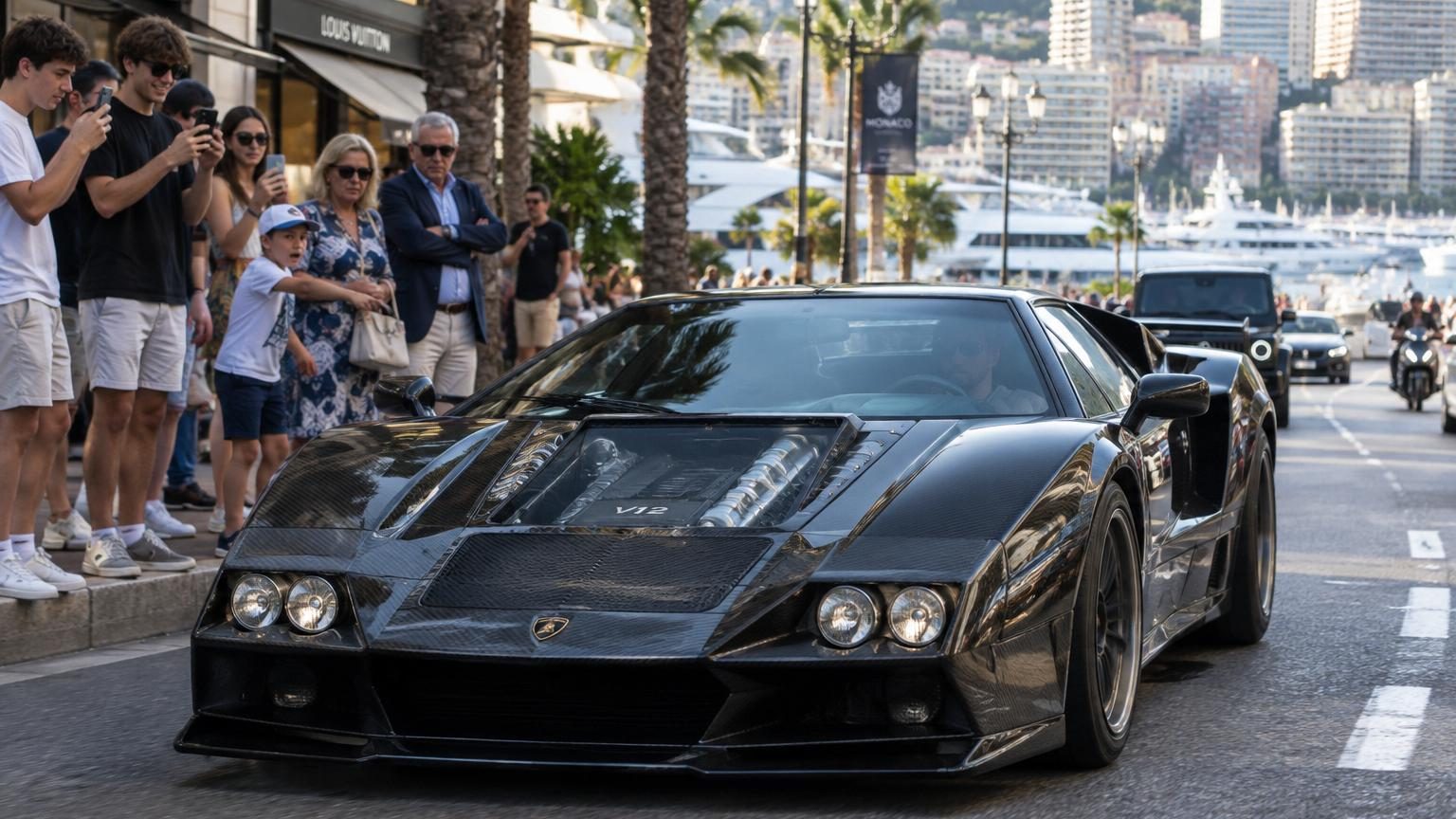 Vue d'une supercar basse et large en carbone brut, aux arêtes vives, dotée d'un V12 de Countach, stationnée ou en circulation à Monaco avec des passants et façades de luxe en arrière-plan