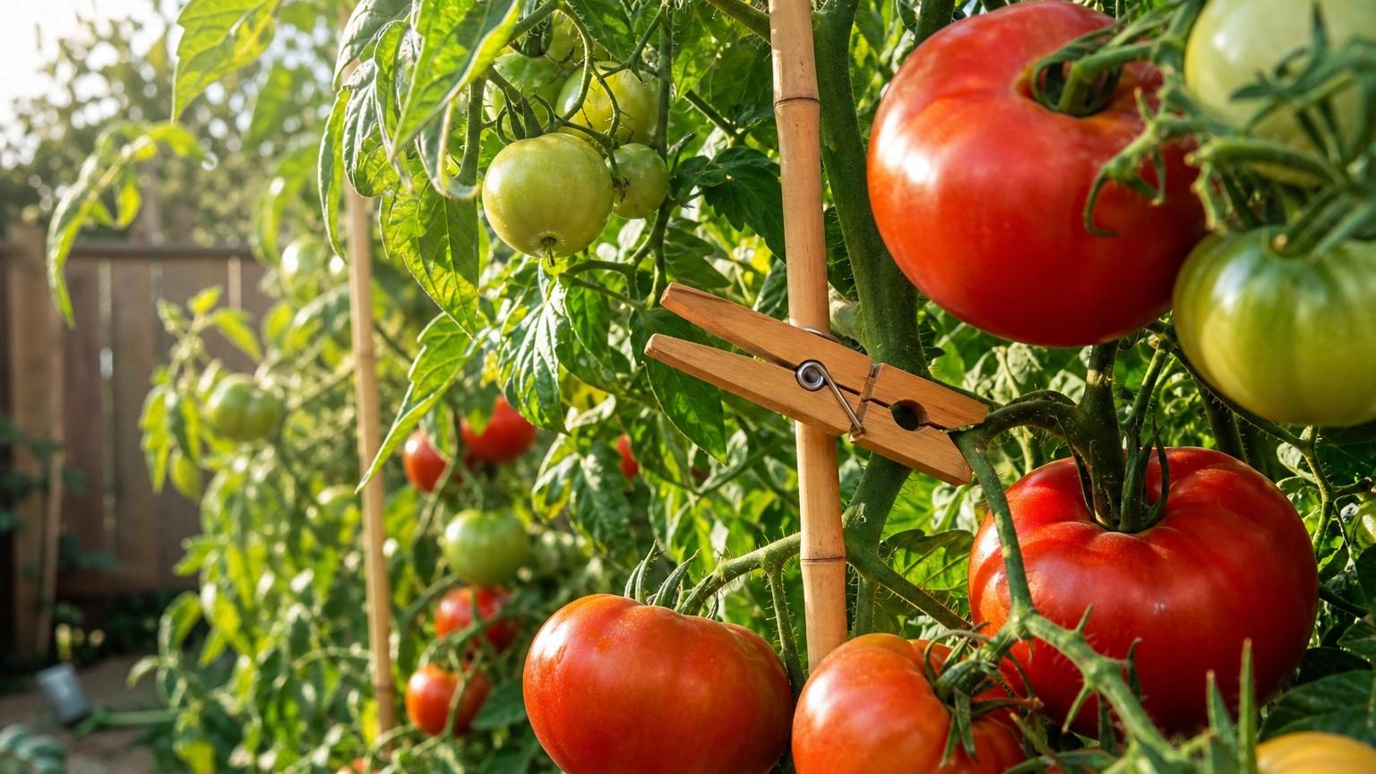 Gros plan sur une tige de plant de tomate avec une pince à linge en bois fixée délicatement contre un tuteur, maintenant la tige sans la serrer, avec des grappes de tomates visibles.