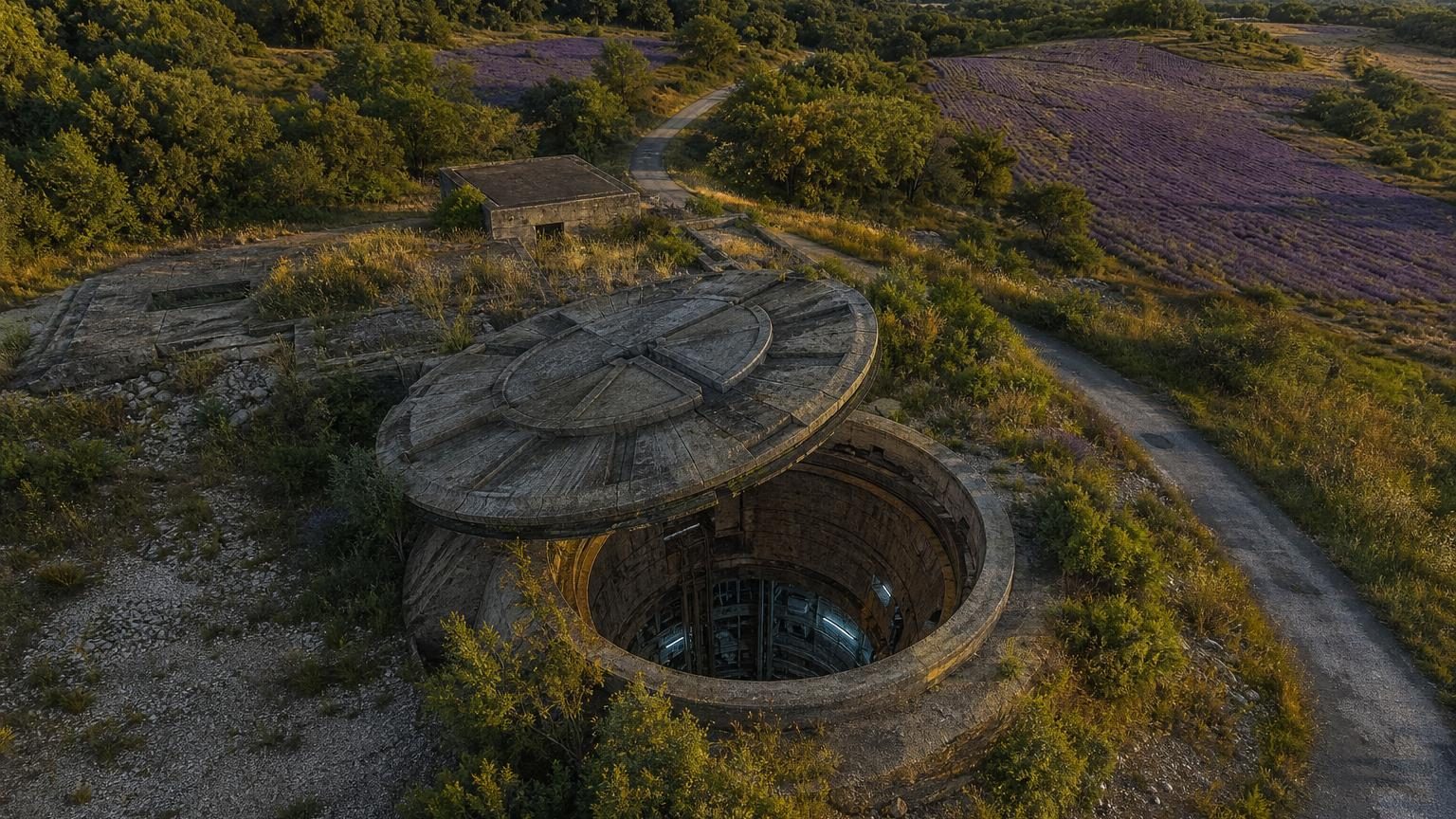 Vue aérienne du plateau d'Albion avec ses champs de lavande et ses routes militaires, vestiges enfouis de la dissuasion nucléaire française des années 1970 à 1990.