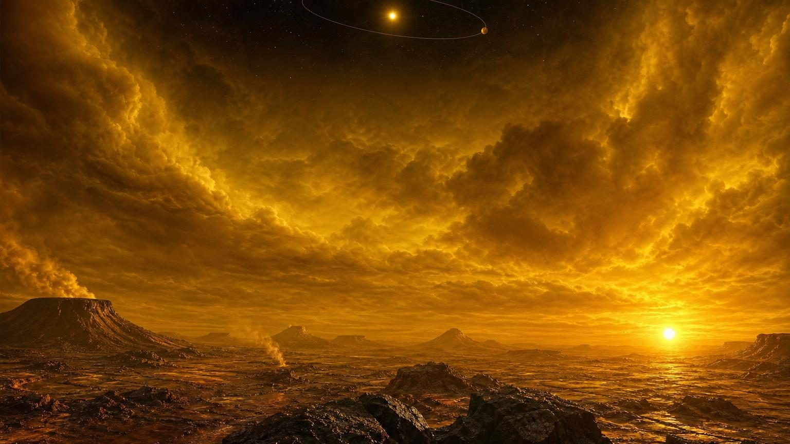 Vue artistique de la planète Vénus avec ses épais nuages blancs et dorés, montrant les différentes étapes du mouvement solaire du lever à l'ouest au coucher à l'est.