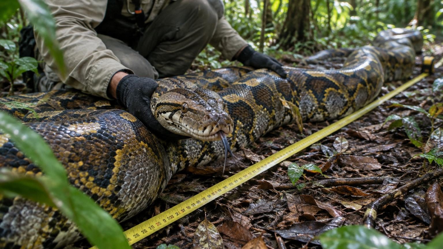 Un python réticulé géant nommé Ibu Baron, enroulé sur lui-même, entouré d'au moins huit personnes qui le maintiennent lors de sa mesure officielle en Indonésie.