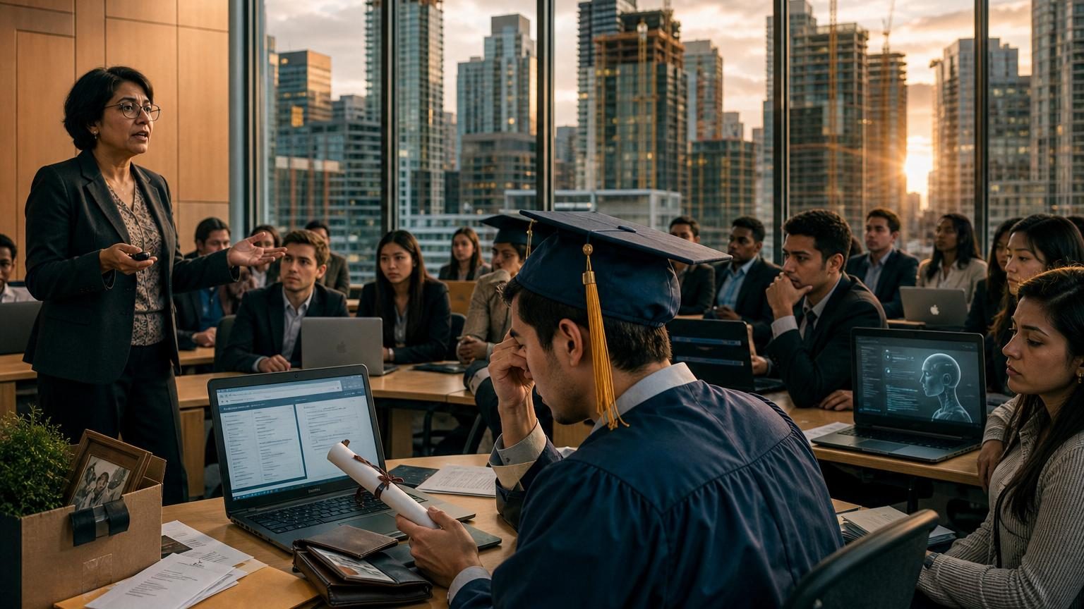 Une jeune femme diplômée assise à un bureau regarde par la fenêtre d'un petit studio, l'air préoccupée par les contrats de location sur sa table.
