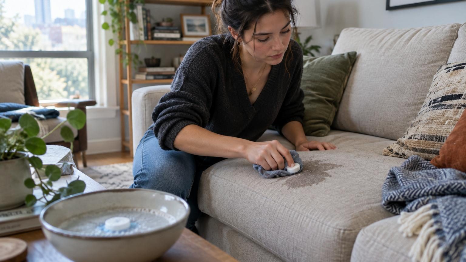 Gros plan montrant un couvercle de casserole enveloppé d'un torchon blanc utilisé pour frotter la surface d'un canapé gris, avec une zone nettoyée visiblement plus claire que le reste du tissu.