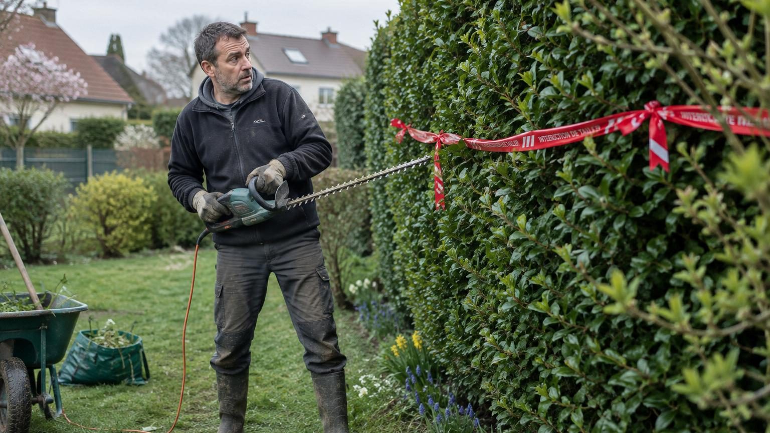 Haie dense avec feuillage touffu du printemps, refuge naturel pour les oiseaux nicheurs comme les merles et rouges-gorges