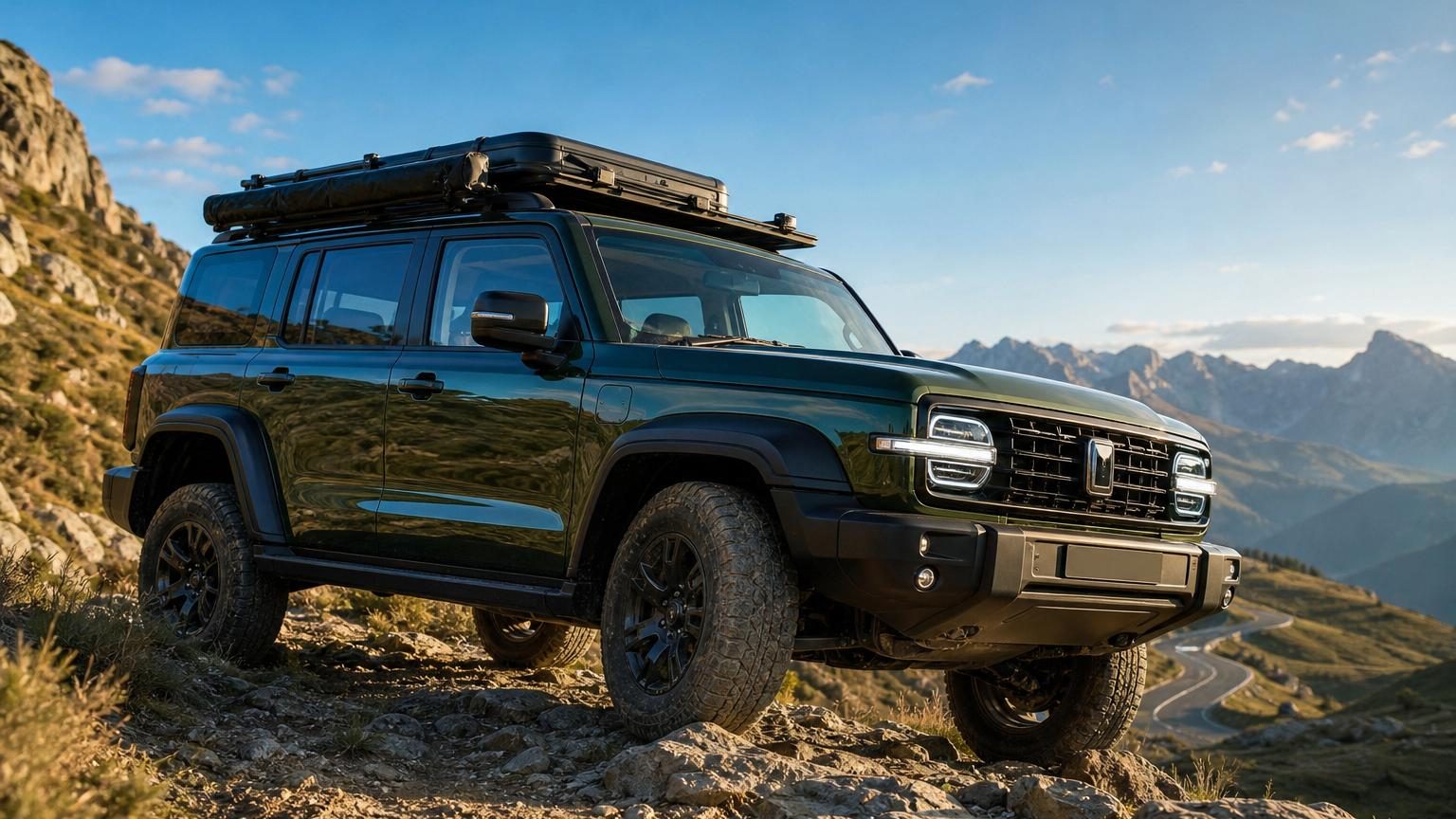 Vue de profil du GWM Tank 300L, un 4x4 robuste aux formes anguleuses de couleur claire, présenté en conditions statiques avec points de fixation visibles sur les ailes et le toit pour accessoires d'expédition.