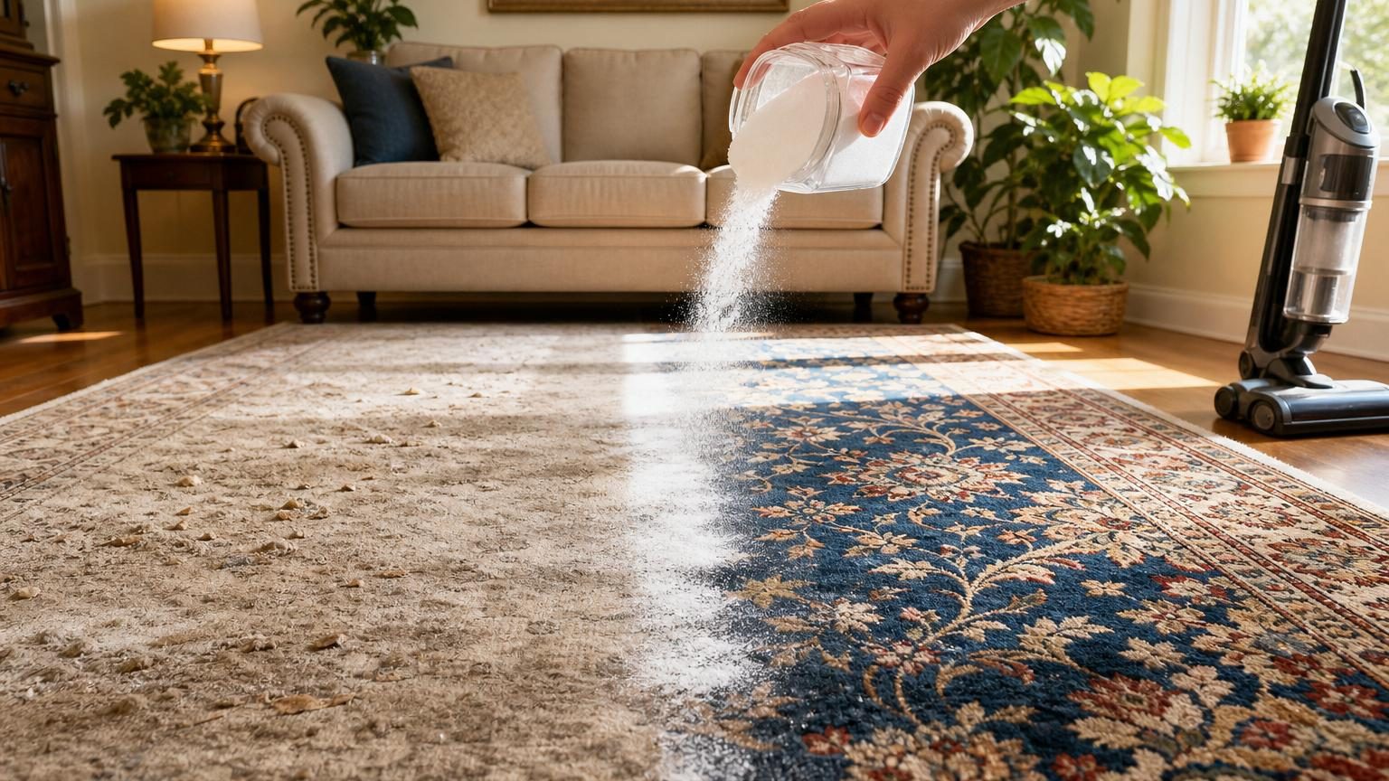 Une main versant du bicarbonate de soude blanc en poudre sur un tapis coloré, avec un aspirateur en arrière-plan.