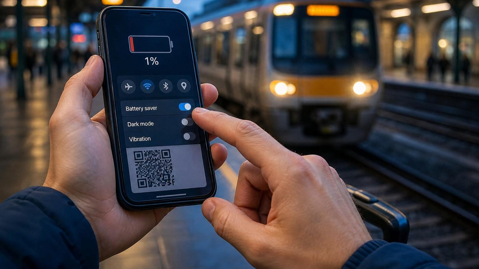 Écran de smartphone affichant 1 % de batterie restante en rouge, avec des gestes d'optimisation énergétique autour (mode sombre, désactivation Wi-Fi, réduction de la luminosité).