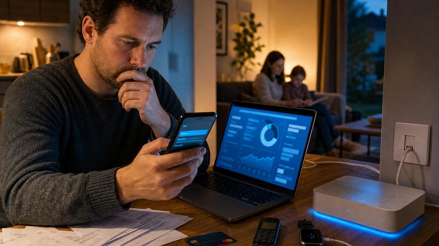 Personne consultant son téléphone et son ordinateur pour vérifier ses contrats et factures d'abonnement avant octobre
