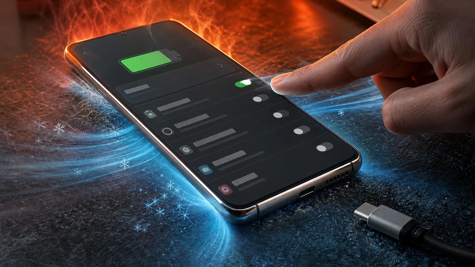 Smartphone Android en cours de charge affichant des indicateurs de température élevée et des paramètres de batterie à l'écran