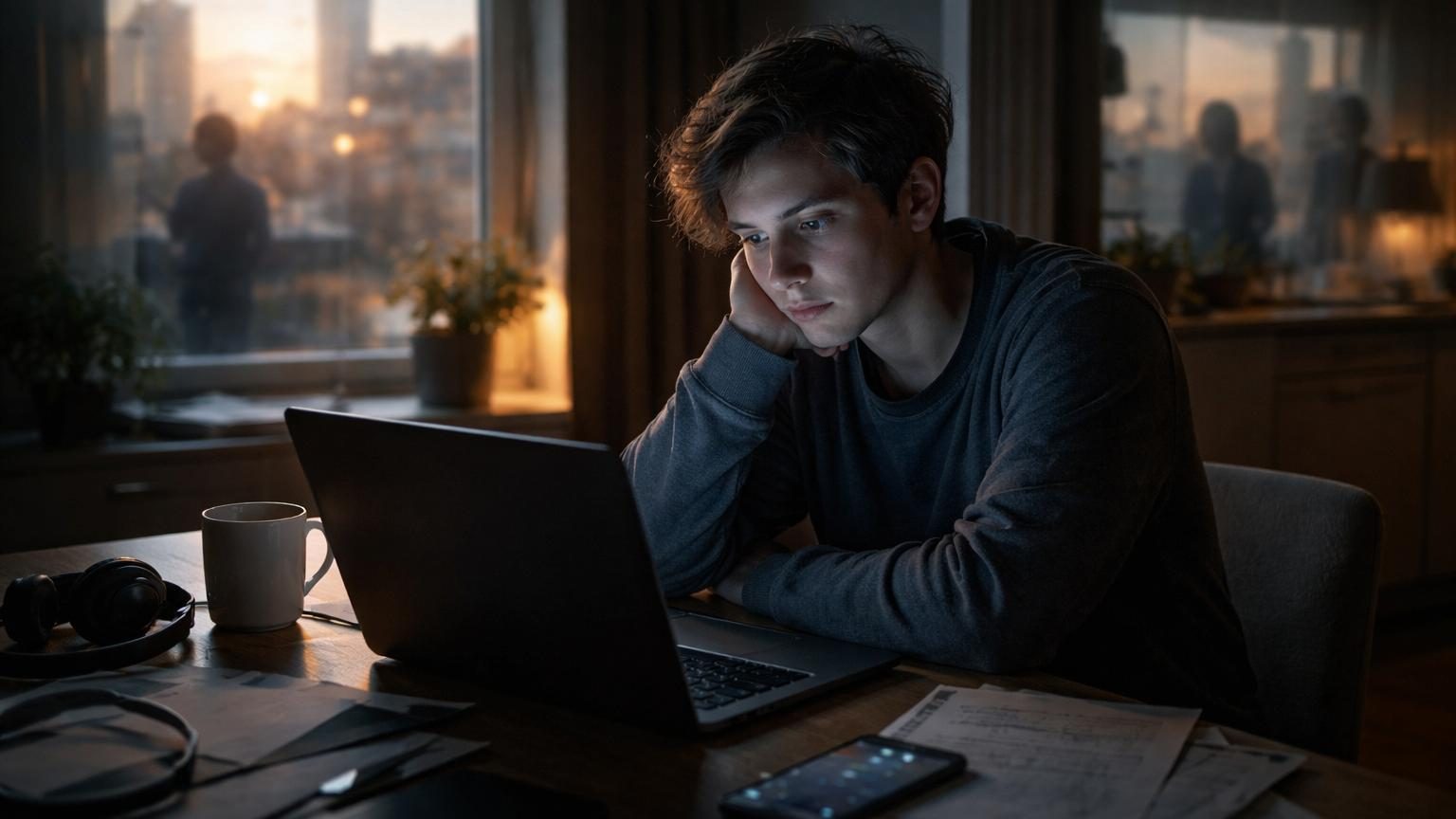 Personne seule travaillant sur un ordinateur portable depuis son domicile, l'environnement reflétant l'isolement du télétravail.
