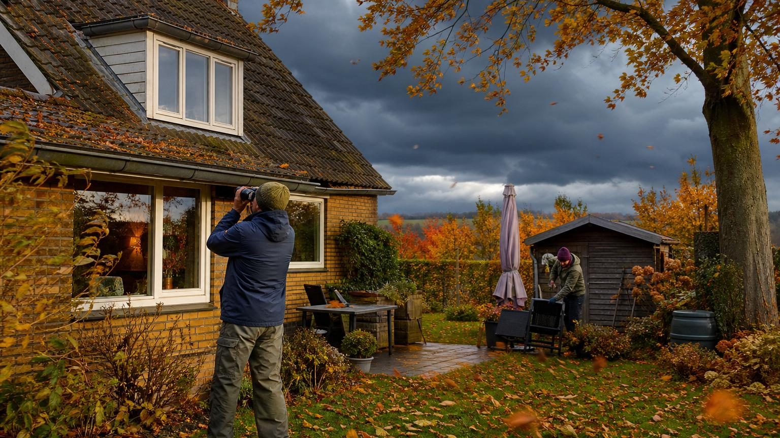 Maison vue de face avec toiture, gouttières et jardin durant l'automne, feuilles au sol, branches légères près de la façade, jour couvert.