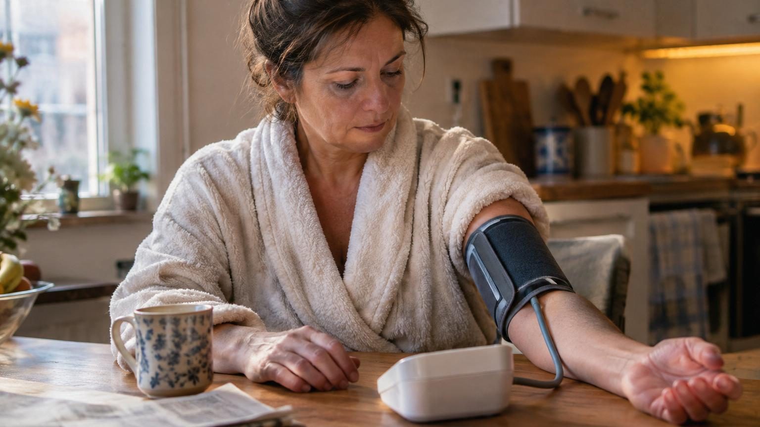 Personne assise correctement dans un fauteuil, bras reposant sur une table à hauteur du cœur, avec un brassard de tensiomètre au-dessus du coude, dans un environnement calme.