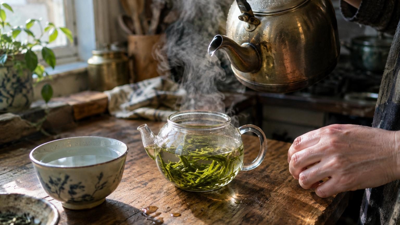 Une tasse de thé vert clair avec des feuilles de thé et une théière en porcelaine, illustrant la préparation délicate d'une infusion de qualité.