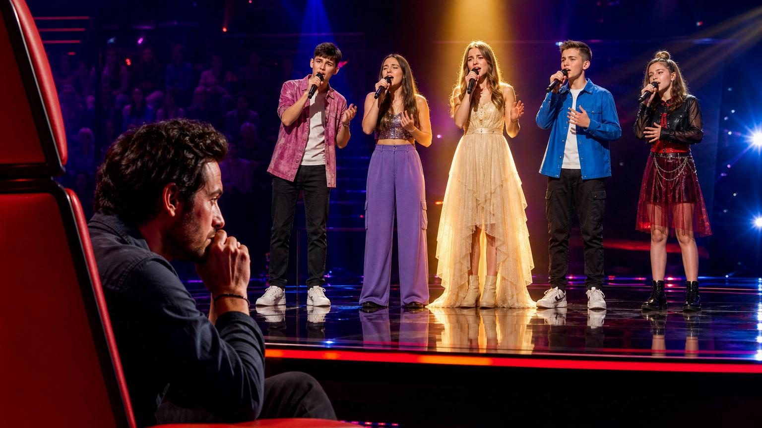 Cinq adolescents se tiennent côte à côte sur le plateau de The Voice Kids, prêts à interpréter « Chanter » devant le coach Patrick Fiori lors d'une épreuve de sélection.