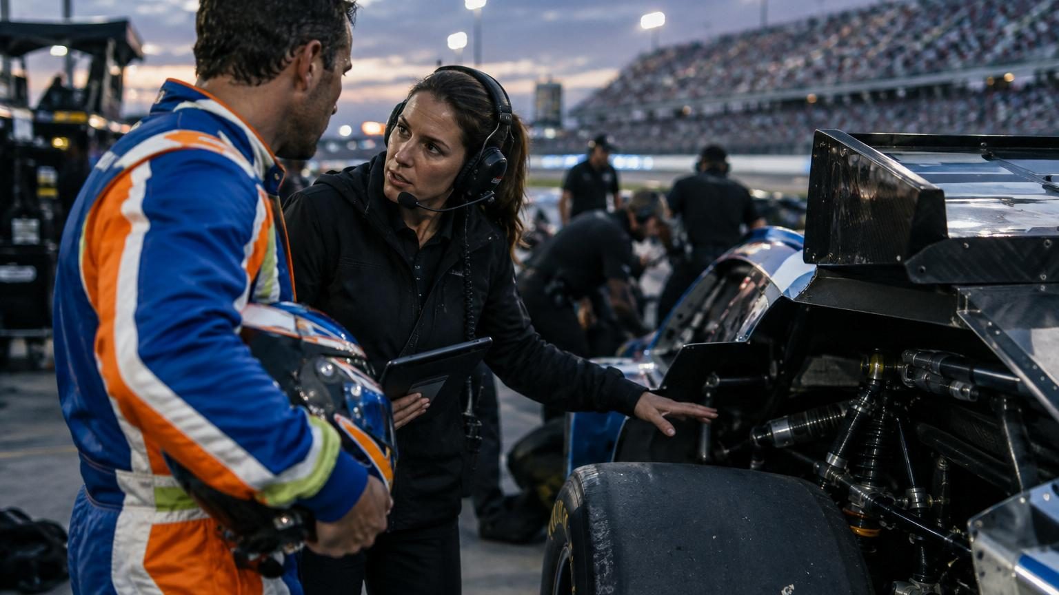 Tom Cruise au volant d'une stock-car NASCAR sur le circuit ovale de Daytona, dans une scène de course dynamique et spectaculaire.