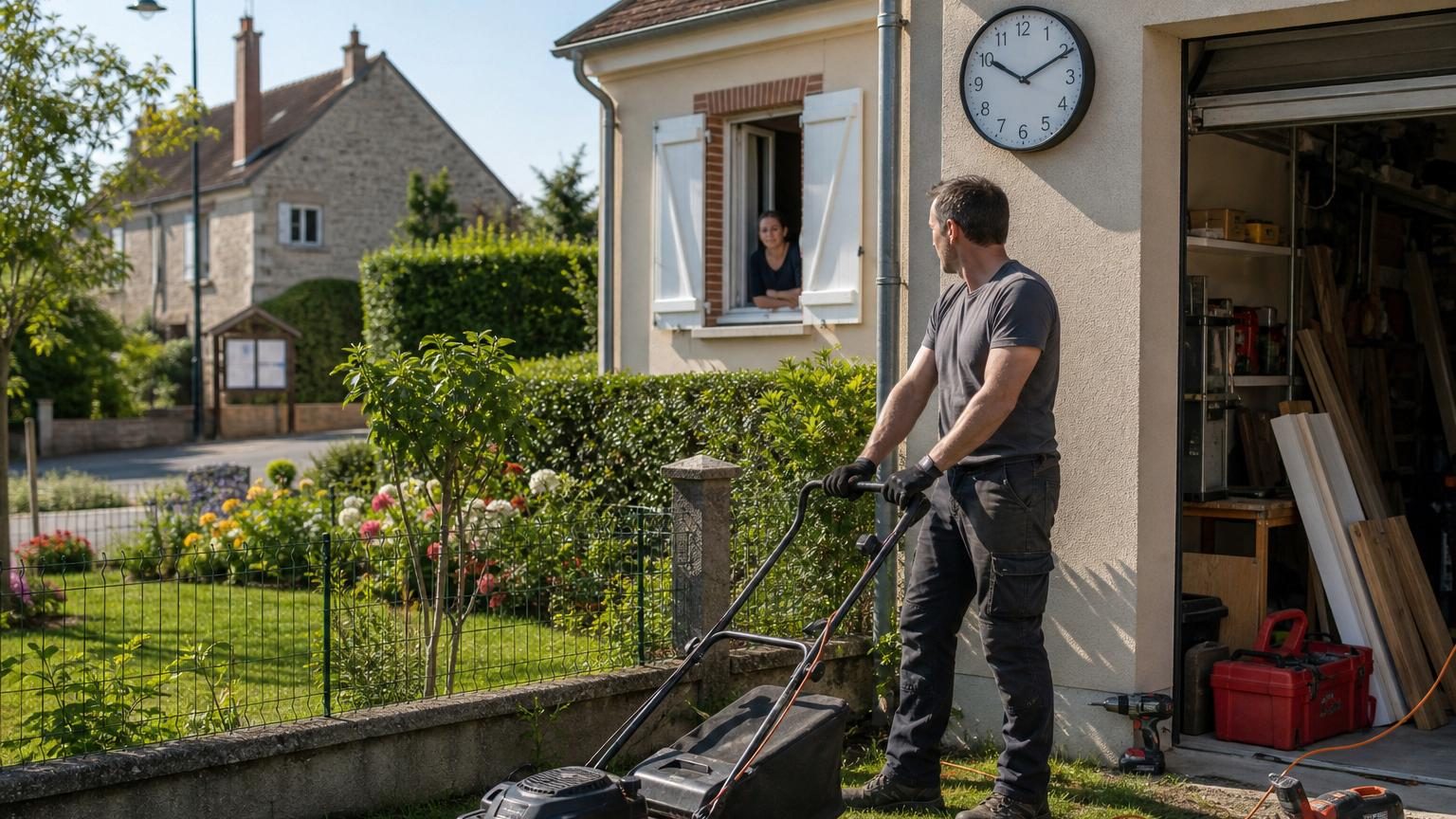 Un samedi matin, une personne sort une tondeuse du garage près d'une maison tandis qu'une fenêtre s'ouvre dans une maison mitoyenne, illustrant la tension entre le besoin de bricoler et le droit au calme du voisinage.