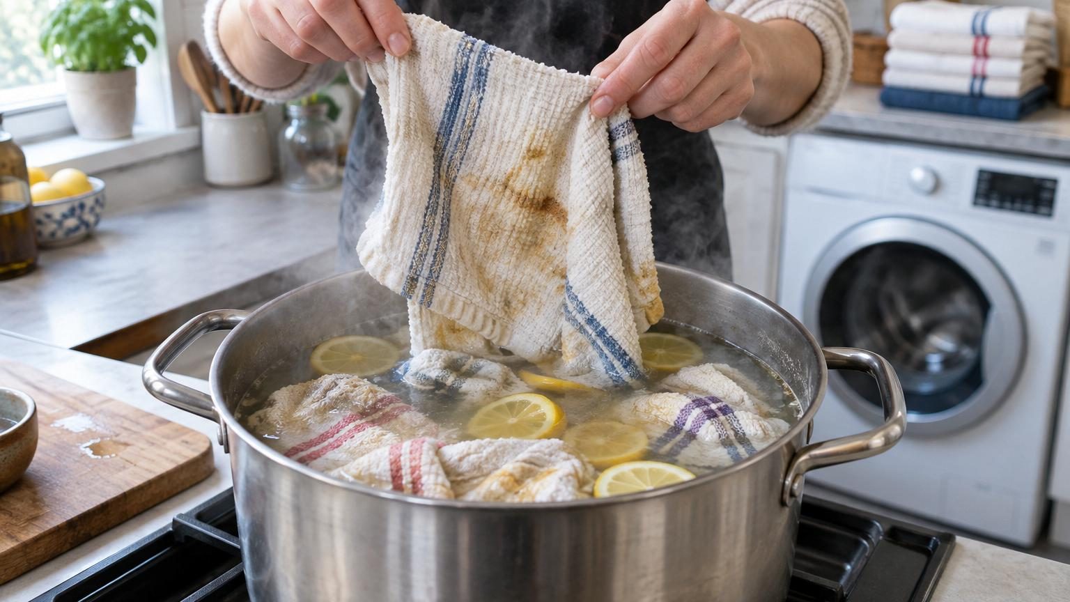 Une casserole d'eau bouillante avec des torchons de cuisine dedans, du citron coupé et du savon à proximité, vapeur s'échappant du liquide