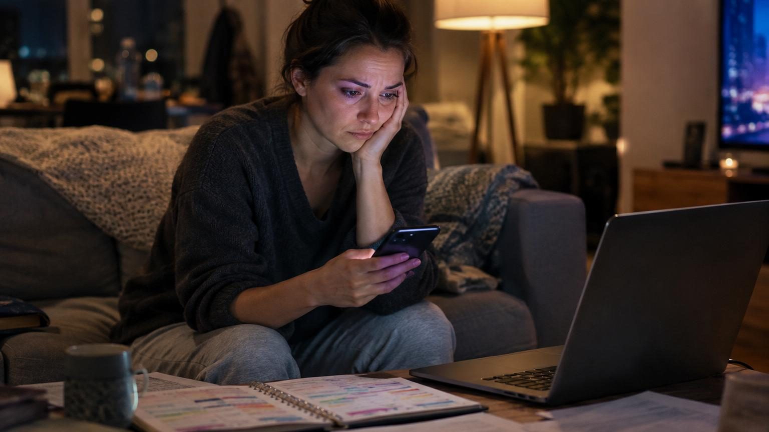 Femme assise sur un canapé, téléphone à la main, entourée de symboles de surcharge mentale (to-do list, horloge, notifications) illustrant l'anxiété déguisée en hyperactivité