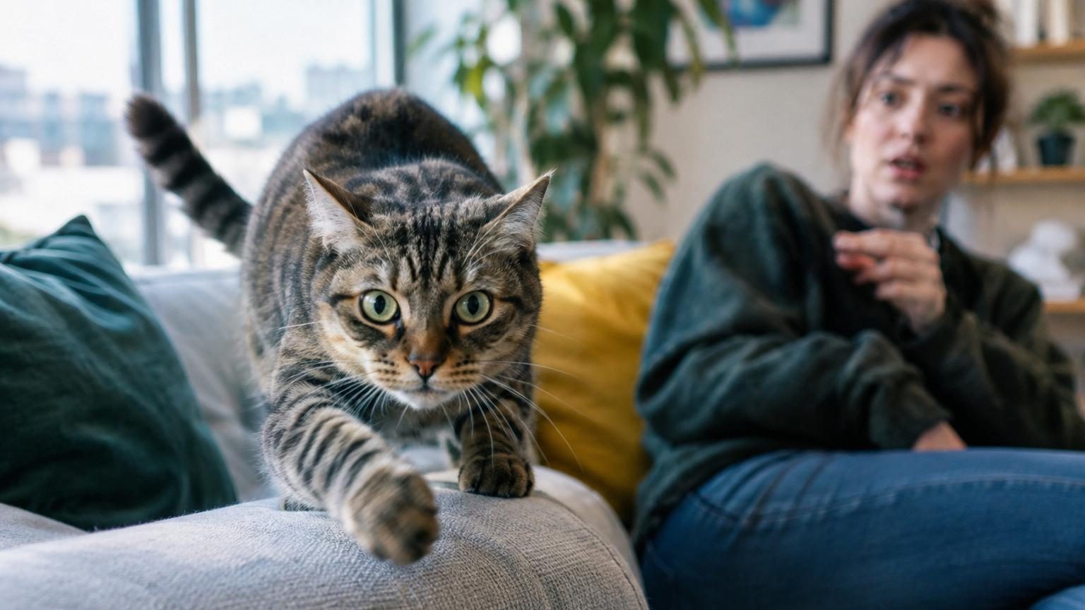 Chat orange regardant avec intensité, yeux écarquillés, posture tendue suggérant un comportement prédateur ou joueur typique des traits psychopathiques félins.