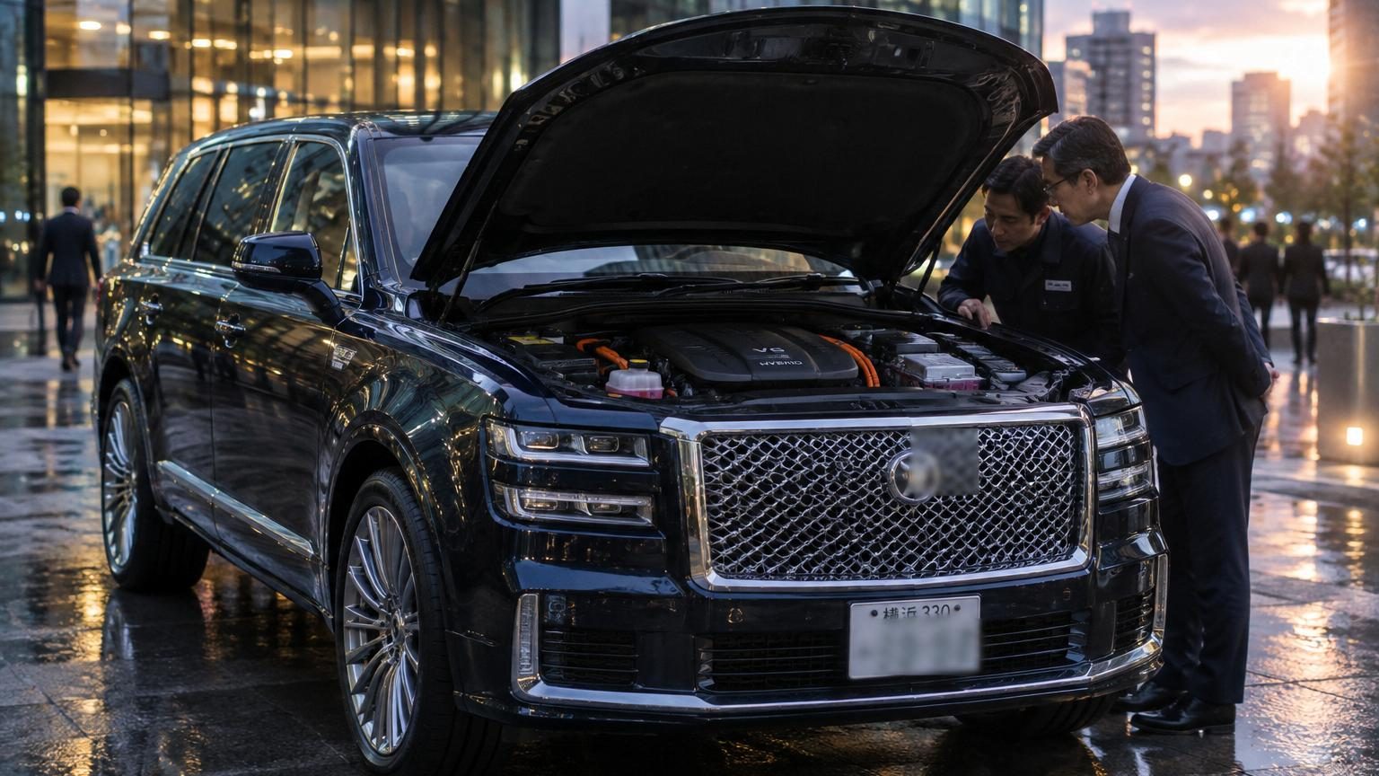 Le Toyota Century SUV, imposant SUV de luxe avec une silhouette massive, des flancs droits et une calandre verticale, photographié de profil sur une route ou devant un bâtiment prestigieux.