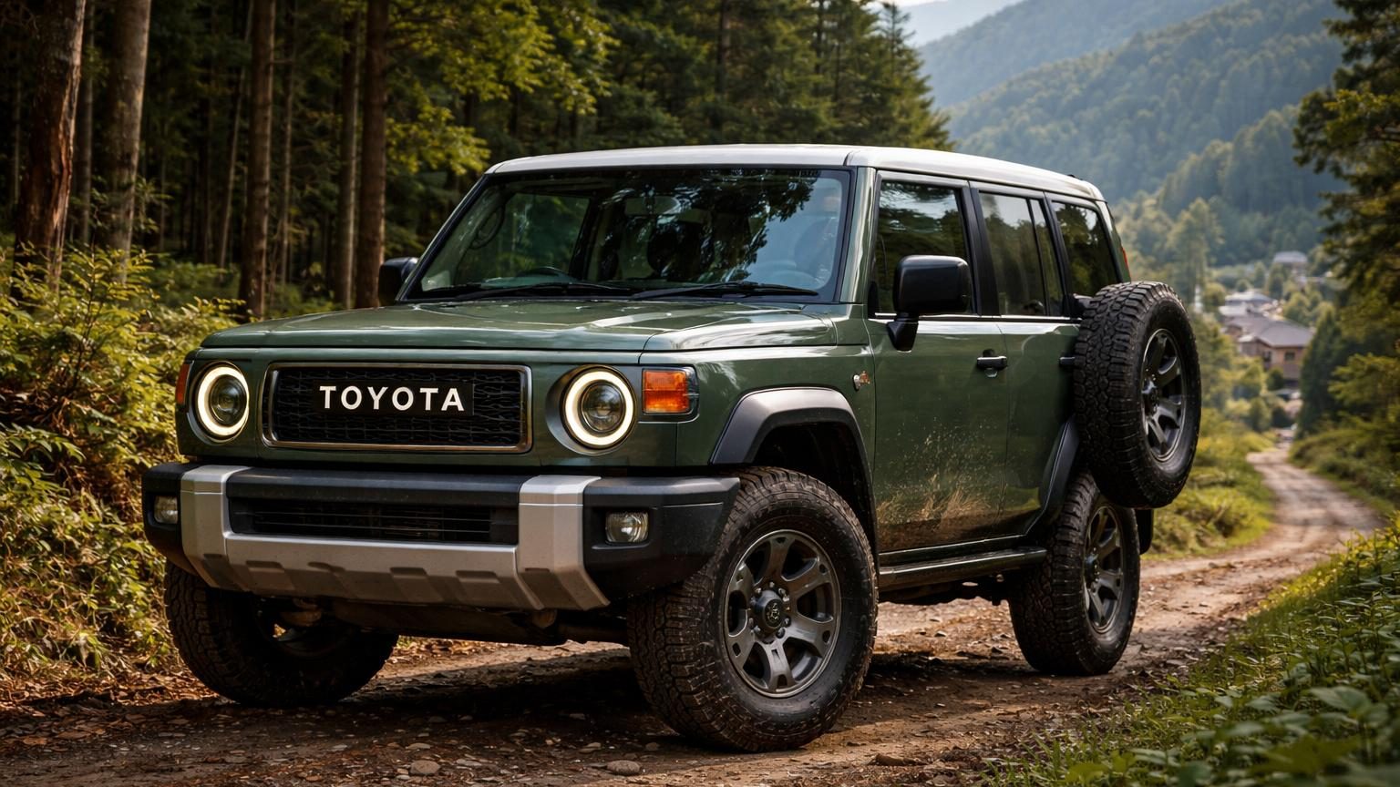 Toyota Land Cruiser FJ compact vert foncé photographié de trois-quarts face, montrant sa calandre verticale ronde et ses pare-chocs segmentés, en environnement naturel rustique