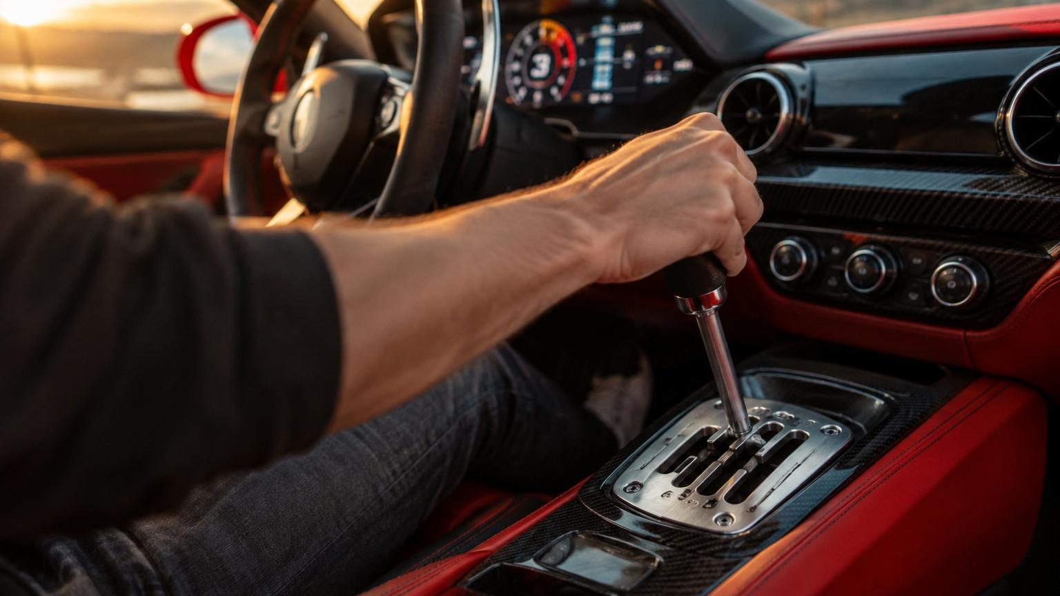 Levier de vitesse avec grille mécanique métallique ajourée, inspiré des supercars classiques, intégrant la technologie moderne Quickshift.